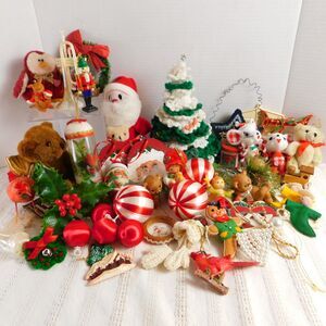 Huge Lot Of Vintage Christmas Ornaments Decorations Flocked Wood Satin Lefton 50